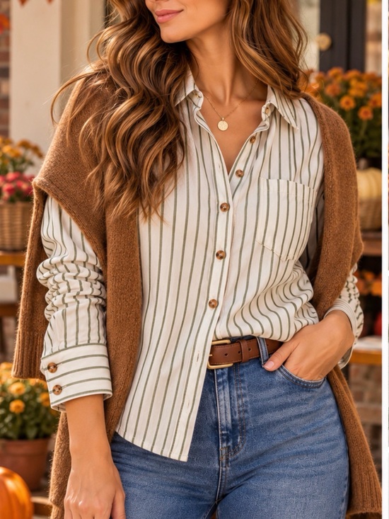 Emerson Lang Tops - Classic Striped Button-Down Shirt in Cream and Olive - Women